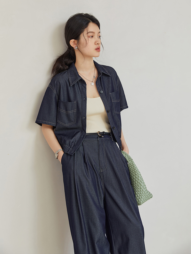 Retro Imitation Denim Shirt Wide-leg Pants Fashion Suit for Women