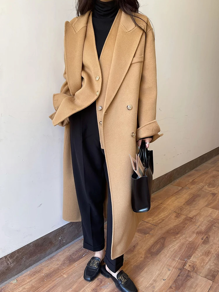 Solid Two Piece Set For Women Lapel Long Sleeve Coat V Neck